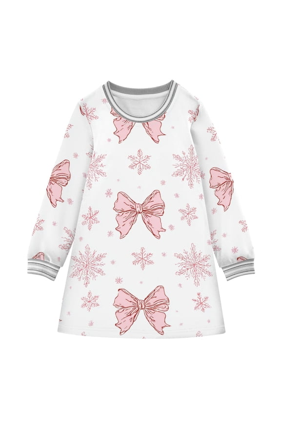 Christmas Pink Bows and Pink Snowflakes Long-sleeved Dress A-line One-Piece Dress for 2-8 Years Casual Party 2T
