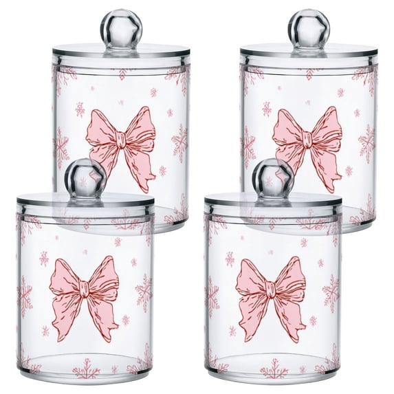 Christmas Pink Bows and Pink Snowflakes Translucent Plastic Cans Storage Canisters with Lid Set of 4