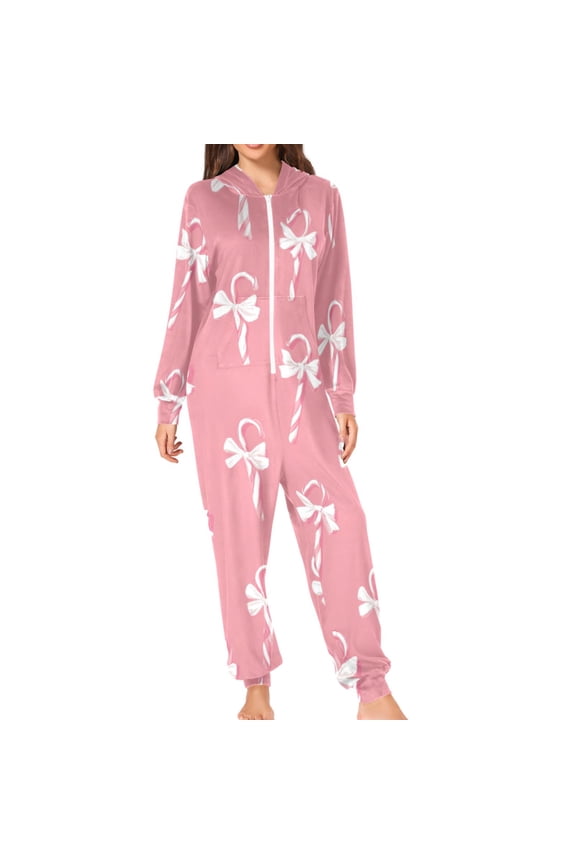 Christmas Pink Candy Cane with Bows Adult's Hoodie Onesie Jumpsuit One-Piece Pajamas with Zipper Unisex for Holiday M