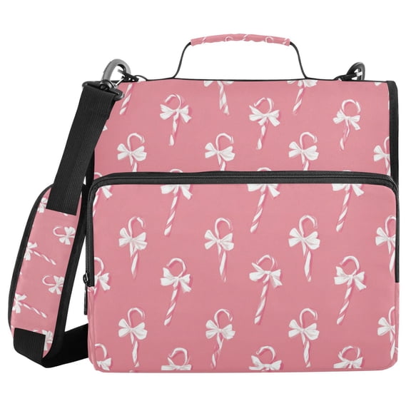 Christmas Pink Candy Cane with Bows Binder Bag with Shoulder Strap 3 Ring Zipper Binder File Folder Document Storage