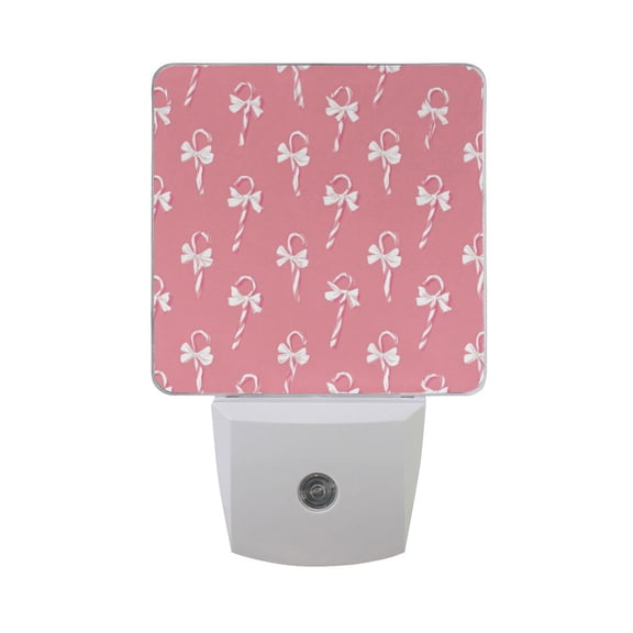 Christmas Pink Candy Cane with Bows LED Night Light Sensor Lamp Plug-in Adjustable Brightness 2 Pack