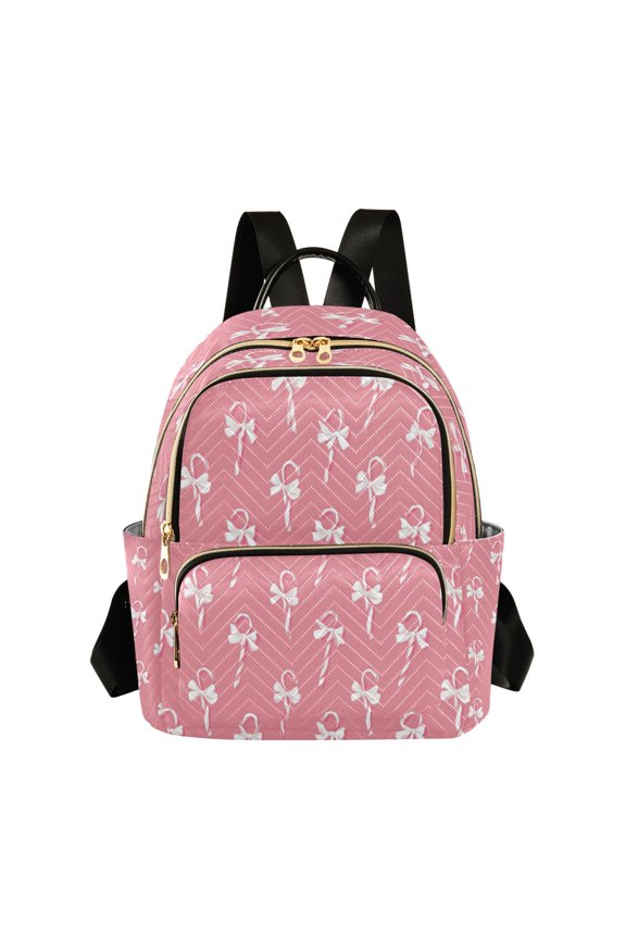 Christmas Pink Candy Cane with Bows Quilted Backpack Fashion Daypack Commuter Bag for Women 8.5 L