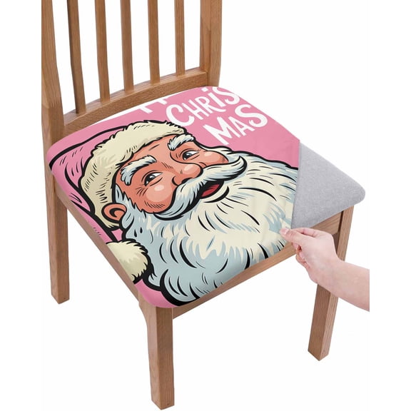 Christmas Pink Chair Seat Covers for Dining Room Stretch Chair Seat Covers Set of 1, Santa Claus Merry Xmas Holiday Vintage Chair Seat Protector Cushion Slipcovers for Kitchen Restaurant Office