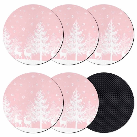 Christmas Pink Coasters Set of 6, Absorbent Coasters for Drinks, White Xmas Tree Elk Winter Snowflake Coaster for Desk Coffee Table Protection, Home Decor House Warming Gifts 4"
