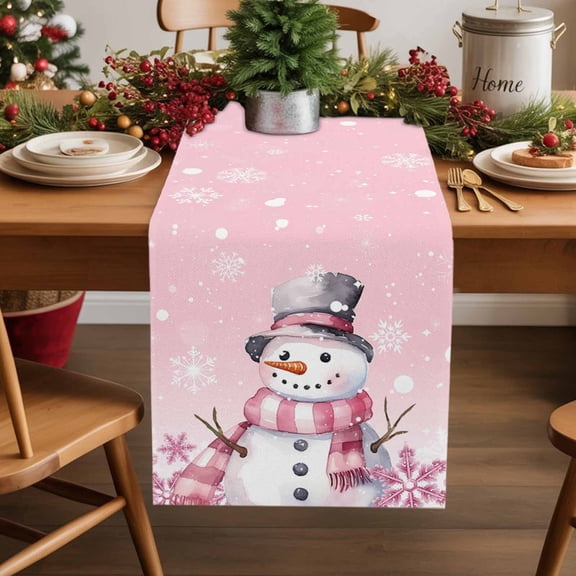 Christmas Pink Cotton Linen Table Runner Snowflake Elf Snowman Dining Table Runners for Home Decor Party Dining Room Restaurant Kitchen Party 13" x 120"
