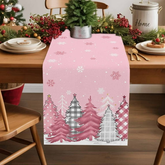 Christmas Pink Cotton Linen Table Runner Snowflake Stars Xmas Tree Dining Table Runners for Home Decor Party Dining Room Restaurant Kitchen Party 13" x 90"