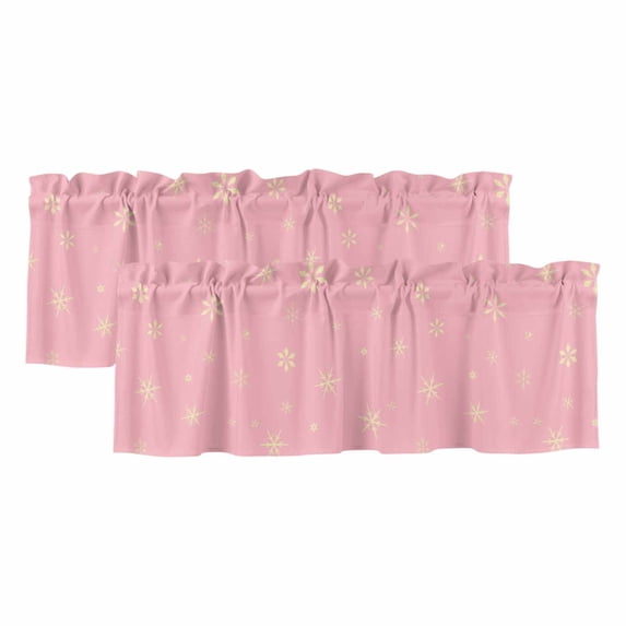 Christmas Pink Curtain Valances for Windows, Kitchen Valance Window Treatments Panel 2 Pack, Winter Snowflakes Xmas Retro Rod Pocket Short Curtains for Bathroom Bedroom 42 x 12 Inch