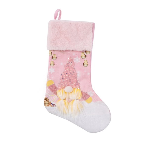 Christmas Pink Faceless Gnome Stocking with Plush Cuff LED Lighted Gift Bag Hanging Ornament Candy Container Holder Sock Xmas Decoration