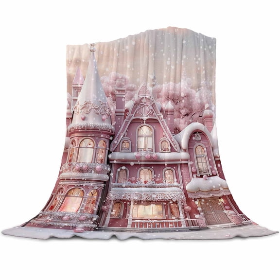 Christmas Pink Flannel Blanket for Bed,Travel and Camping, Snow-covered Castle Winter Snowscape Super Soft Cozy Blanket for All Seasons 30"x40"