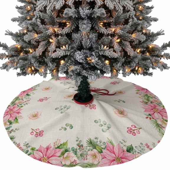 Christmas Pink Floral Christmas Tree Skirt 48 Inch, Winter Vintage Flower Berry Leaf Gingham Xmas Tree Skirt, Christmas Tree Mat Ornaments for Home New Year Party and Holiday Decor Supplies