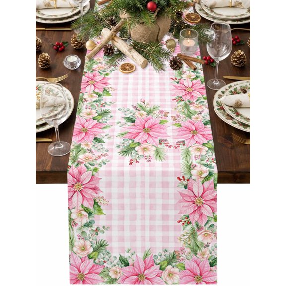 Christmas Pink Floral Table Runner 90 Inches Long, Winter Pastoral Flower Berry Leaf Gingham Cotton Linen Dining Table Runner Dresser Scarves for Home Kitchen Party Decor 13"x90"