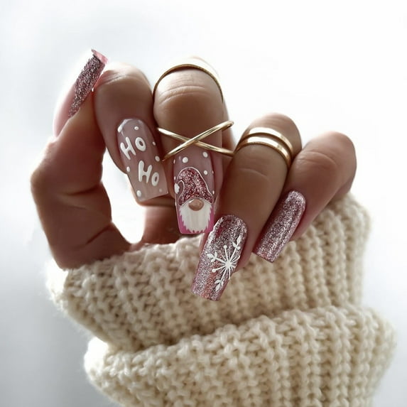 Christmas Pink Glitter French Press On Nails, 24Pcs Medium Coffin Nails with Santa Claus & Snowflake, Festive Fake Nail Art Se