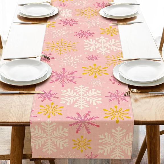 Christmas Pink Gold Snowflake Dining Table Runner, Xmas Snow Burlap Kitchen Decoration, Winter Holiday Indoor Outdoor Home Decor Party Supply 13 x 72 Inches