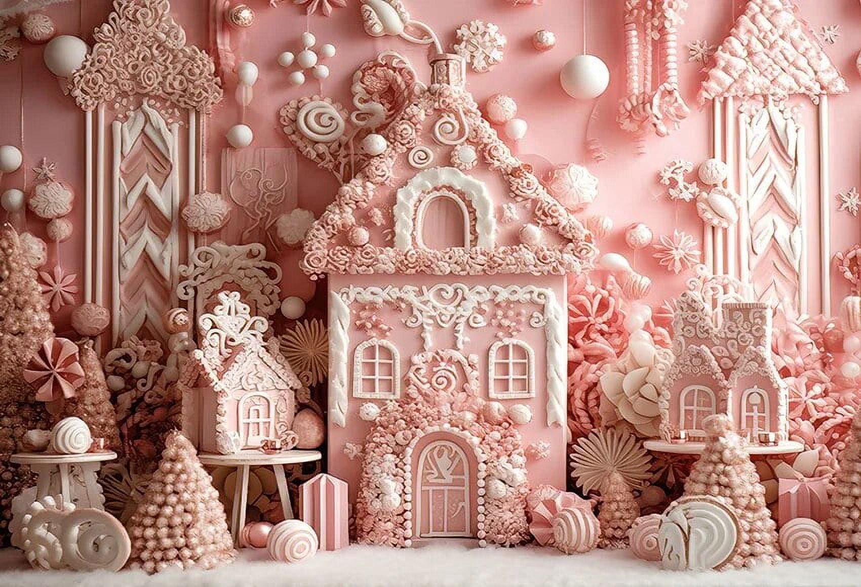 Christmas Pink House Backdrop Winter Gingerbread Kids Portrait