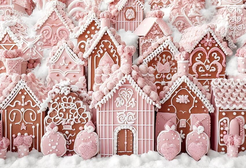 Christmas Pink House Backdrop Winter Gingerbread Kids Portrait
