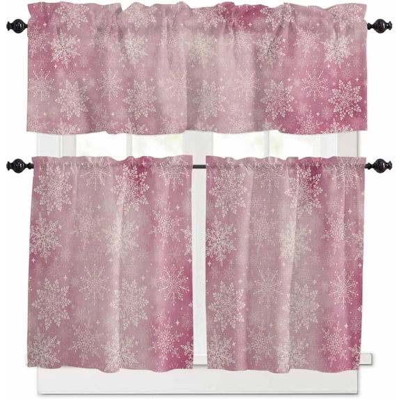Christmas Pink Kitchen Curtains and Valances Set, Rod Pocket Curtains Tier Farmhouse Window Curtains 36 Inch Length, Snowflake Ombre Romantic Winter Retro 3 Piece Kitchen Curtains Set