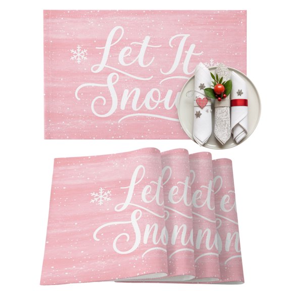 Christmas Pink Placemats Set of 2, Winter Dreamy Country Pastoral Snowflakes Snow Dots Heat Insulated Linen Place Mats, Washable Stain-Proof Table Mats for Dining Tables Holiday Decor 13x19 Inches