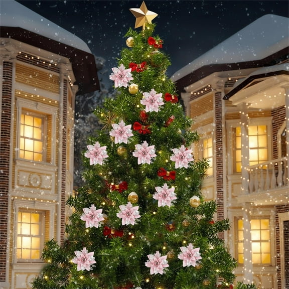 Christmas Pink Poinsettias for Xmas Tree,5.7 Inch 12 Pcs Pink Artificial Poinsettias Christmas Glitter Flowers with Clips Xmas Tree Flower Ornament Poinsettias Decor