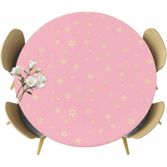 Christmas Pink Round Tablecloth 36-44 Inch Round Fitted Table Cloth with Elastic Edge, Winter Snowflakes Xmas Retro Waterproof Table Cover Protector for Outdoor Picnic Party Dining