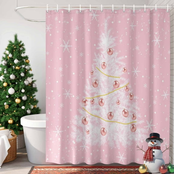 Christmas Pink Shower Curtain, 66" x 72", White Xmas Tree Winter Snowflakes Waterproof Bathroom Curtain Washable Shower Curtain Set with 12 Hooks