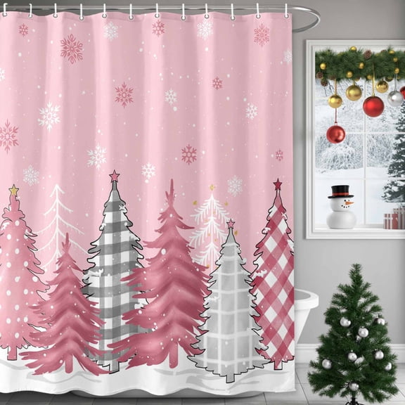 Christmas Pink Shower Curtains for Bathroom, Snowflake Stars Xmas Tree Waterproof Fabric Shower Curtain for Bathroom Bathtub Decoration, Machine Washable, 72"x72"