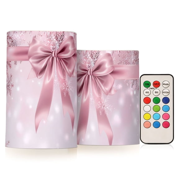 Christmas Pink Silk Bows Pink Snowflakes Valentine Flickering Flameless Candles LED Tealight Battery Operated with Remote Set of 2 Holiday Decor Ornaments