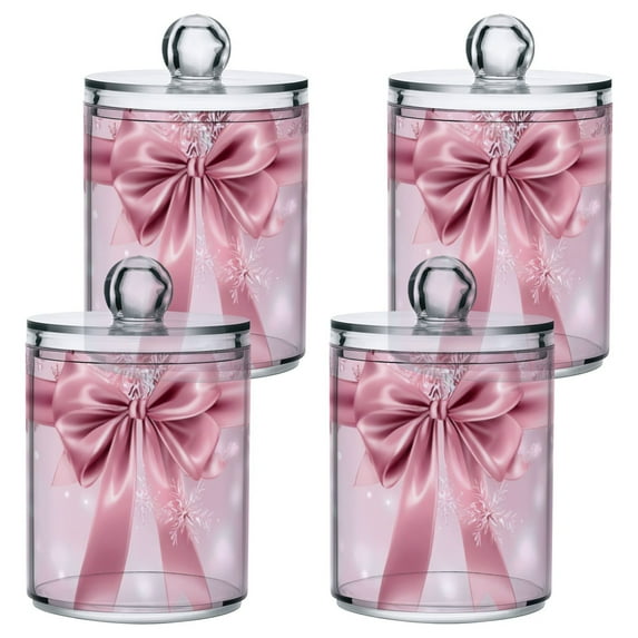 Christmas Pink Silk Bows Pink Snowflakes Valentine Translucent Plastic Cans Storage Canisters with Lid Set of 4
