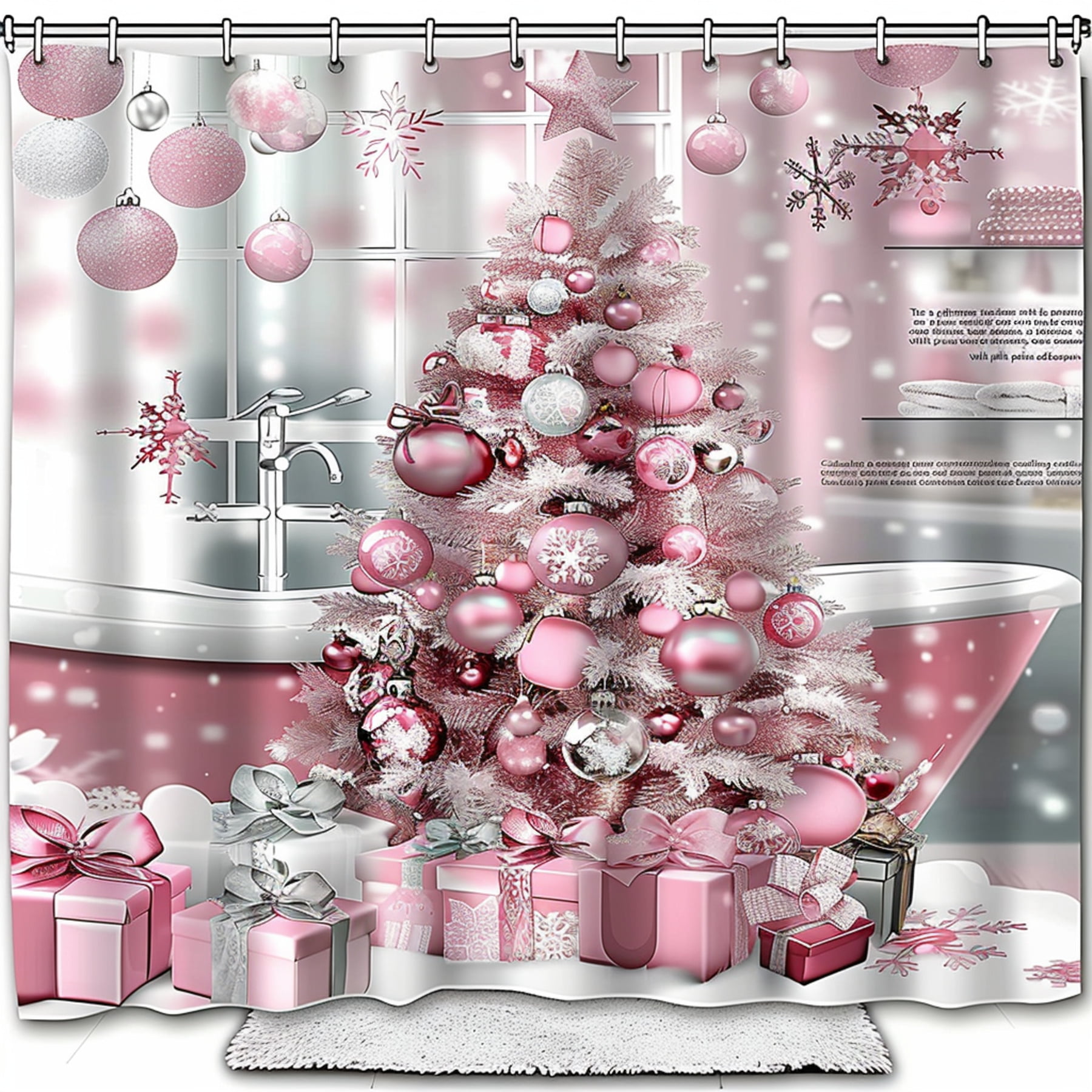 Christmas Pink Snowflake Shower Curtain Festive Bathroom Decor with