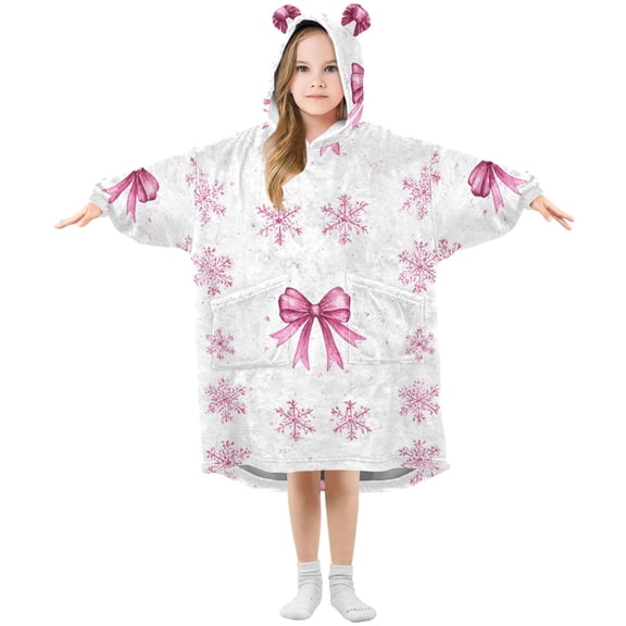 Christmas Pink Snowflakes Bows Flannel Wearable Blankets Hooded Design Long Sleeves Wrap Unisex for 3T-14Y S