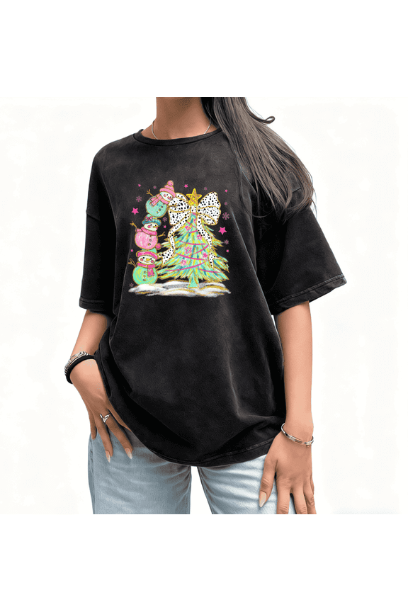 Christmas Pink Snowman Tree Graphic Tee T-Shirt Print Top Washed Trendy Short Sleeve Round Neck Black S-2XL Plus Size