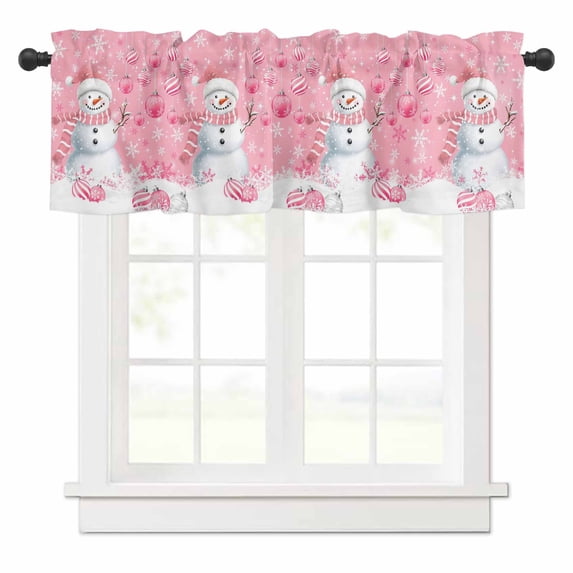 Christmas Pink Snowman Valances for Windows Xmas Balls Snowflake Rod Pocket Curtain Valance Window Treatment Short Curtains for Kitchen Living Room, 60"x14"
