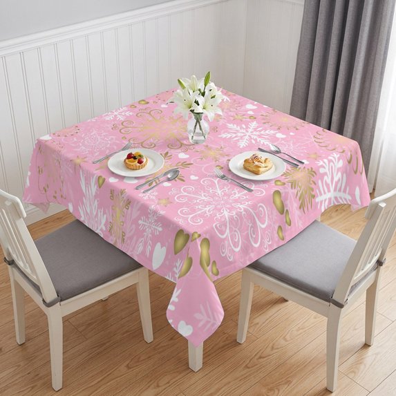 Christmas Pink Table Cloth Waterproof Tablecloths, Xmas Winter Snowflakes New Year Holiday Tablecloth Dining Table Cover for Kitchen Party Tabletop Outdoor, Square Tablecloth 54x54 Inch