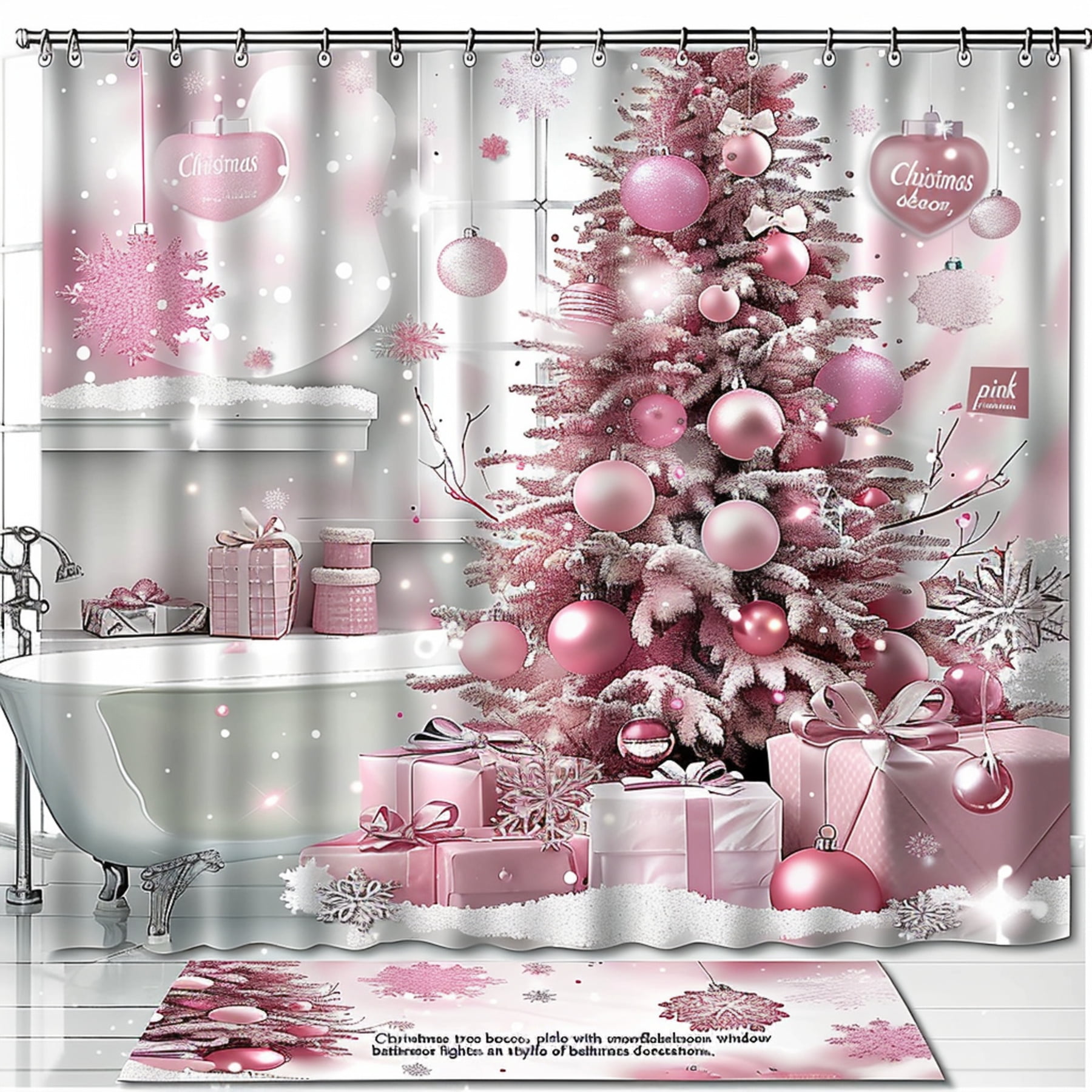 Christmas Pink Tree Bathroom Set with Snowflakes Lights and Presents