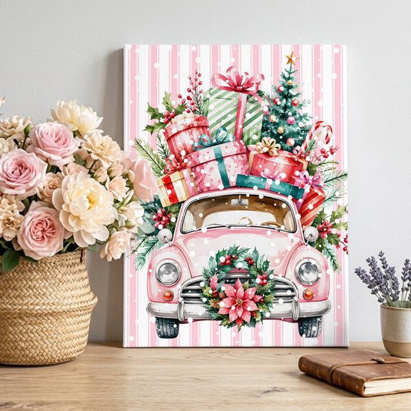 Christmas Pink Truck Canvas Wall Art, Winter Country Flower Wreath Pine Tree Stripe Pictures Wall Decor Wooden Framed Artwork Art Prints for Living Room Hallway Bedroom Office 8"x12"