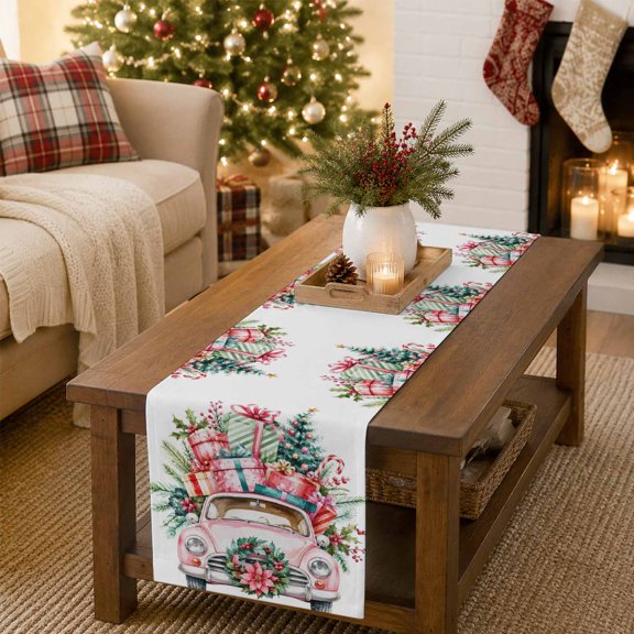Christmas Pink Truck Present Table Runner 13x36in Non-Slip Cotton Linen Table Runners, Winter Poinsettia Holly Berry Dresser Scarves TableRunner for Dinner Kitchen Dining Wedding Party