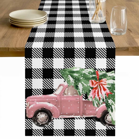 Christmas Pink Truck Table Runner 36 Inches Long Farmhouse Dress Scarves, Xmas Tree Farmhouse White Black Plaid Dining Tablerunner for Coffee Table/Kitchen Island/Party Décor, Small 13" x 36"