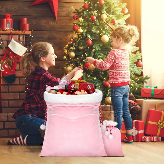 Christmas Pink Velvet Gift Bag - Santa Claus Themed Drawstring Bag, Great for Gift Packaging & Gift Backpacks, Festive Pink Design for Holiday Gifting, 27.55*19.6in