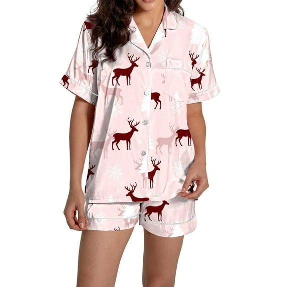 Christmas Pink Womens Pajama Sets Women Pajamas Graphic Printed Silk Satin Cute Sleepwear Buttons Short Sleeve Tops Shorts Sets Sleepwear