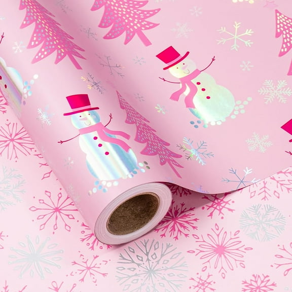 Christmas Pink Wrapping Paper Mini Roll, Snowman Christmas Tree & Snowflake Metallic Foil, Rose Gold Foil Reversible Design for Festive Winter Holiday, Family Gathering, 17 inches x 32.8 Feet