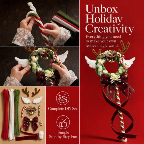 Christmas Pipe Cleaner Magic Wand DIY Craft Kit, Reindeer Wreath Fairy Wand Making Supplies for Holiday Handmade Decor