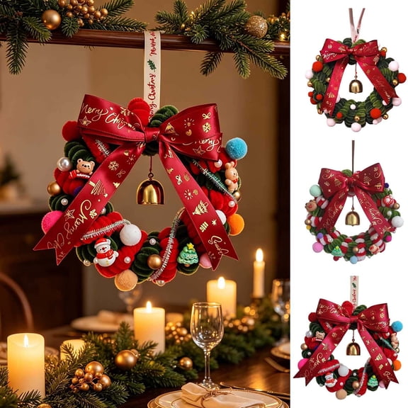 Christmas Pipe Cleaner Wreath DIY Kit With Bell & Bow, Handmade Craft Set for Family Tabletop & Wall Holiday Decor