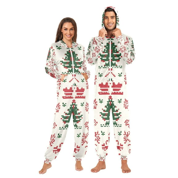 Christmas Pixel Adult Onesie Pajamas Slim Fit Christmas One Piece Suit Pjs for Women and Men Hooded Zipper