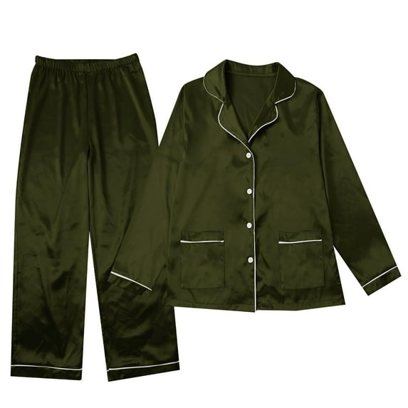 Christmas Pjs For Family Christmas Family Matching Kids Pajama Set Long Sleeve Turn Down Collar Full Length Pants Silk Like Satin Soft Sleepwear For Kids Army Green 160