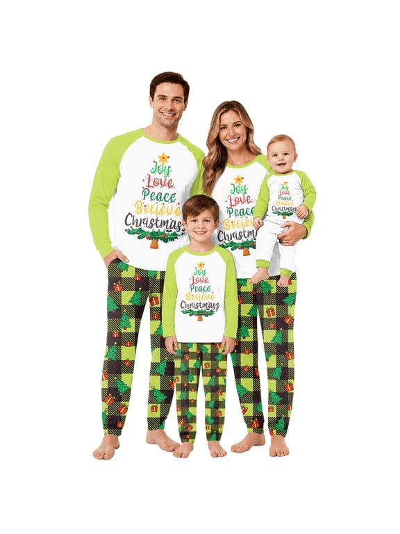 Christmas Pjs, Family Matching Christmas Pajamas Set, Joy Love Peace Believe Holiday Letter Tops With Plaid Pants, Winter Sleepwear for Family Pictures Christmas Morning and Lounge Wear, 18M