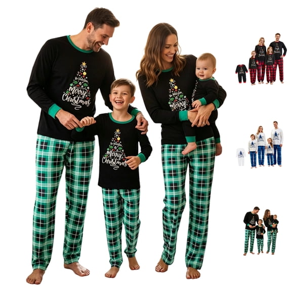 Christmas Pjs Family Matching Sets 2 Piece Set Holiday Party Pjs Loungewear Novelty Cute Plaid Xmas Tree Family Photo Outfits