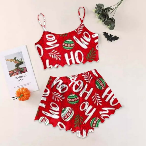 Christmas Pjs For Women 2 Piece Satin Pajama Womens Shorts Pajamas Set Cami Top Comfy Lounge Sets Matching Pjs
