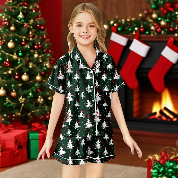 Christmas Pjs Set Animal Silk Pajamas Girls Short Sleeve Button Down Shirts with Shorts Set Kids Pajamas for Girls 6-7 Years