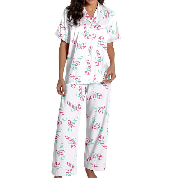 Christmas Pjs for Women Cute Print Short Sleeve Sleepwear Button down Pjs Winter Pajamas Ladies Christmas Pajamas