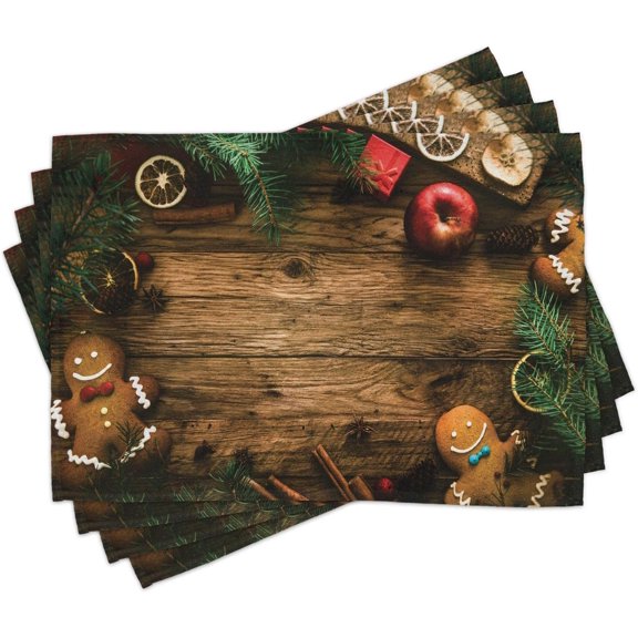 Christmas Place Mats Set of 4, Gingerbread Man Gift Box Coniferous Pine Cinnamon Dessert on Rustic Wood Theme, Washable Fabric Placemats for Dining Table, Standard Size, Green and Brown