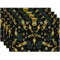 Christmas Place Mats Set of 6 Christmas Black Gold Leaves Snowflakes Gold Shining Spots Table Mat Holiday Home Kitchen Table Mat Decoration 12x18 Inch